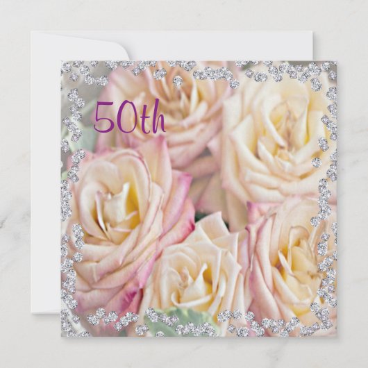 高級感あふれるバラとダイヤモンドの50歳の誕生日 招待状 (正面)