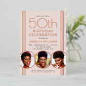 高級感あふれるローズゴールド箔押し50歳の誕生日ピンクフォト 箔招待状 (立ち正面)