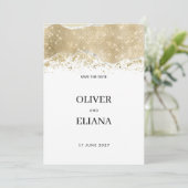 高級感あふれる白とシルバーとゴールドのラメで装飾した結婚式の延期・日程変更のお知らせ 招待状 (スタンド正面)