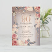 高級感あふれる花と蝶とライトの90歳の誕生日お祝いデザイン 招待状 (スタンド正面)