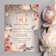 高級感あふれる花と蝶とライトの90歳の誕生日お祝いデザイン