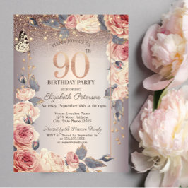 高級感あふれる花と蝶とライトの90歳の誕生日お祝いデザイン 招待状