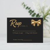 高級感あふれる黒と金のリボン ウェディング 出欠カード (スタンド正面)
