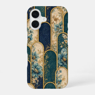 高級感あるティール＆ゴールドのフラワーデザインOtterBox iPhoneケース iPhone 16ケース