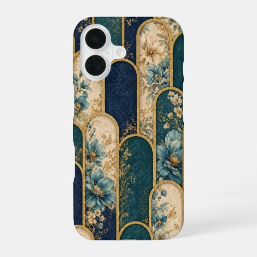 高級感あるティール＆ゴールドのフラワーデザインOtterBox iPhoneケース iPhone 16ケース (裏面)