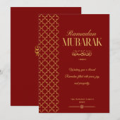 高級感ある赤と金のRamadan Mubarakカード(個人名入れ可能) 招待状 (正面/裏面)