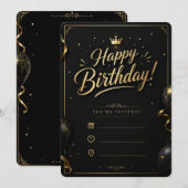 高級感ある黒とゴールドの誕生日招待状|ラグジュアリー 招待状 (正面/裏面)