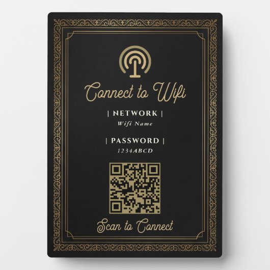 高級感ある黒と金のダマスク柄Wi-Fiパスワード表示 フォトプラーク (正面)