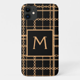 高級感ある黒と金のチェーン柄モノグラム iPhone 11 ケース