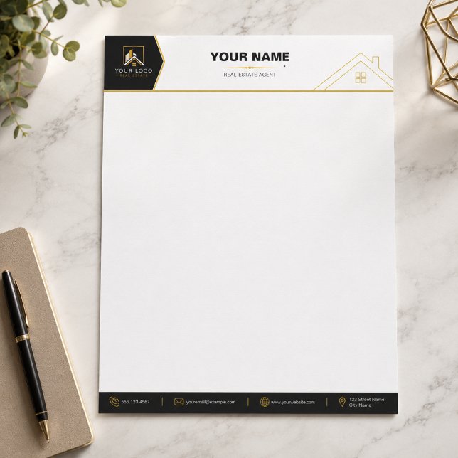 高級感ある黒と金の不動産ブランディング レターヘッド (Luxury Real Estate Letterhead Design | Black Gold Realtor Stationery Mockup)