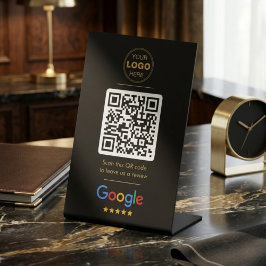 高級感ある黒金GoogleレビューQRコードロゴ 台座サイン