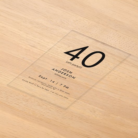 高級感ある40歳の誕生日パーティー アクリル招待状 (レイダウン)