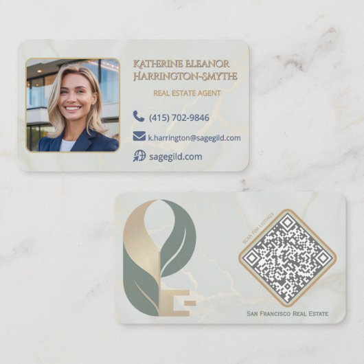 高級感ある Sage & Gold 大理石風 不動産プロフェッショナル QRコードデザイン 名刺 (正面/裏面)