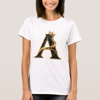 高級感あるAの文字Tシャツ | ブラック ゴールド クラウン イニシャル Tシャツ