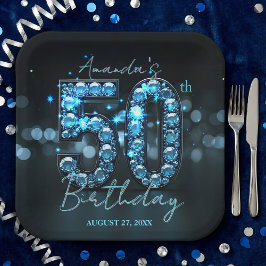 高級感のあるエレガントなティールブルーのダイヤモンド 50歳の誕生日 ペーパープレート