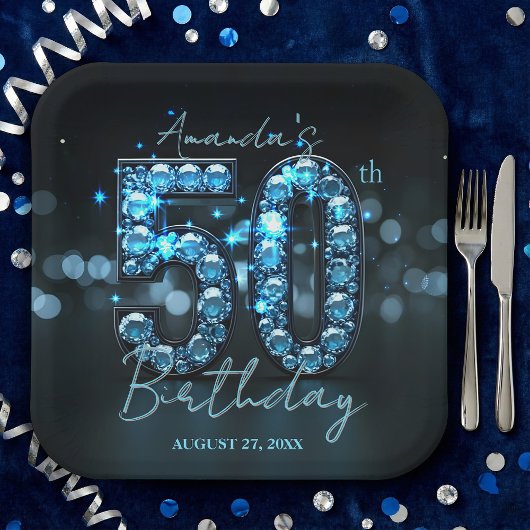 高級感のあるエレガントなティールブルーのダイヤモンド 50歳の誕生日 ペーパープレート