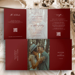 高級感のあるクリスマスバーガンディ写真付き結婚式RSVP QR 三つ折り招待状