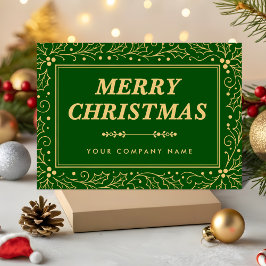 高級感のあるグリーンとアンティークゴールドのビジネス向けクリスマス シーズンカード