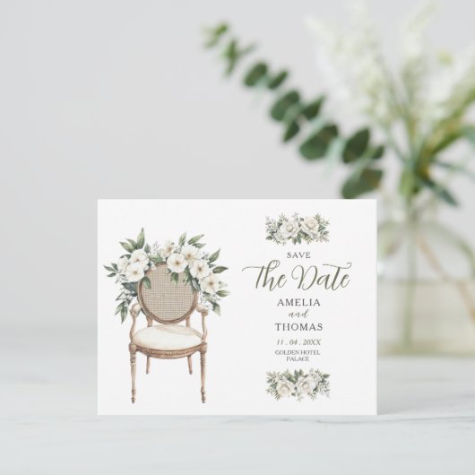 高級感のあるグリーンウェディングの結婚式延期はがき (スタンド正面)