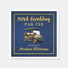 高級感のあるゴルフテーマのカート 青と金 50歳の誕生日 スタンダードカクテルナプキン