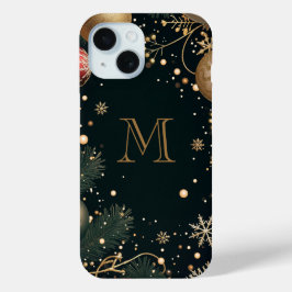 高級感のあるゴールドのクリスマスモノグラム ダーク iPhone 15ケース
