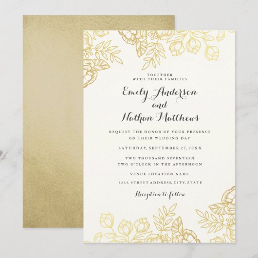 高級感のあるゴールドのビンテージ風フラワーモチーフの結婚式招待状 招待状 (正面/裏面)