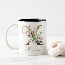 高級感のあるゴールドの花のイニシャルXの2トーン コーヒーマグ ツートーンマグカップ