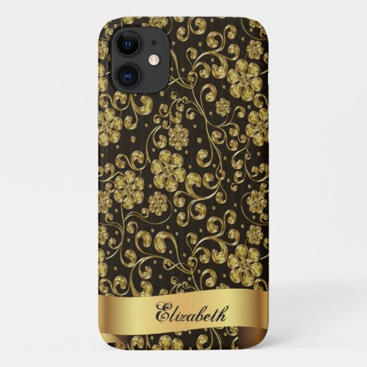 高級感のあるゴールドの花 ブラック 名入れ Case-Mate iPhoneケース (裏面)