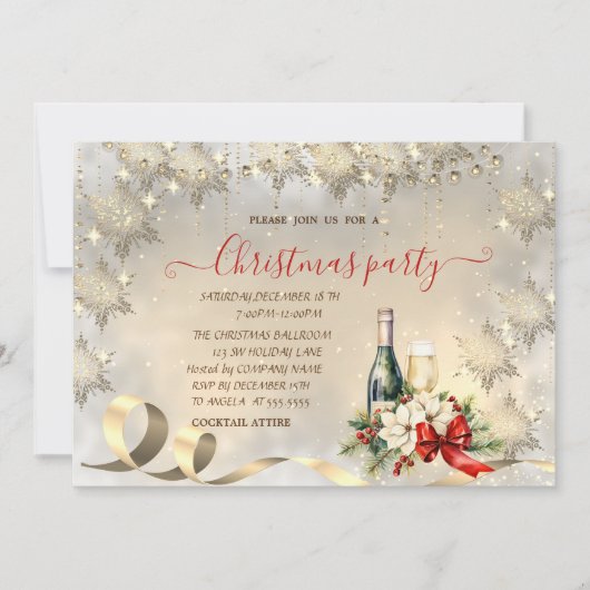 高級感のあるゴールドの雪の結晶,会社のクリスマスパーティー 招待状 (正面)