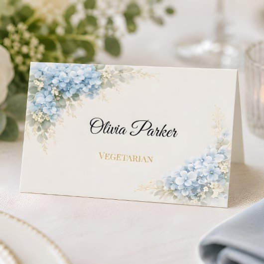 高級感のあるダスティブルーのアジサイの結婚式 プレイスカード