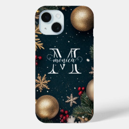 高級感のあるダークブルーのクリスマスモノグラム iPhone 15ケース