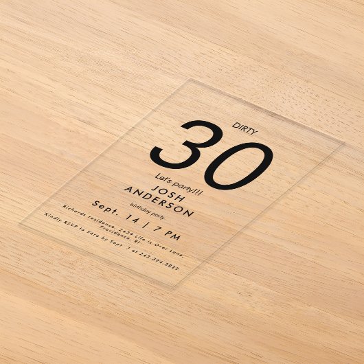高級感のあるダーティーな30歳の誕生日パーティー アクリル招待状 (レイダウン)