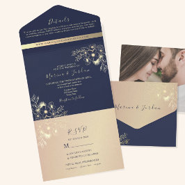 高級感のあるネイビーブルーとゴールドのフラワーモチーフの結婚式 オールインワン招待状