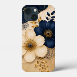 高級感のあるネイビーブルーとゴールドの植物柄フラワーデザイン iPhone 13 MINIケース