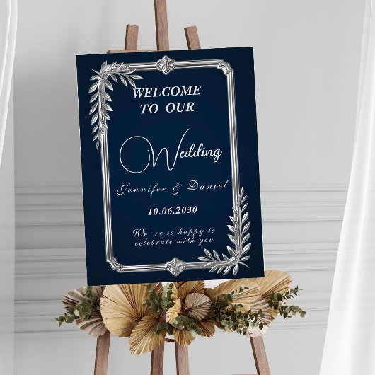 高級感のあるネイビーブルーとシルバーの結婚式サイン ポスター
