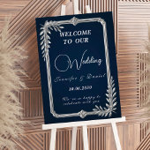 高級感のあるネイビーブルーとシルバーの結婚式サイン ポスター