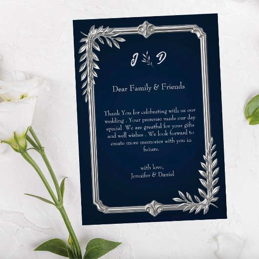高級感のあるネイビーブルーとシルバーの結婚式 サンキューカード