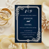 高級感のあるネイビーブルーとシルバーの結婚式 招待状