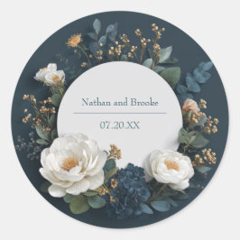 高級感のあるネイビーブルーとホワイトの芍薬の立体的なウェディング ラウンドシール