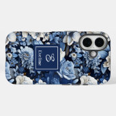高級感のあるネイビーブルーと象牙色の花柄のiPhoneケース Case-Mate iPhoneケース (裏面 (横))