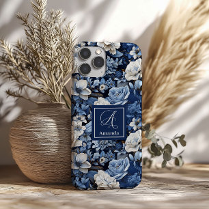 高級感のあるネイビーブルーと象牙色の花柄のiPhoneケース iPhone 16ケース
