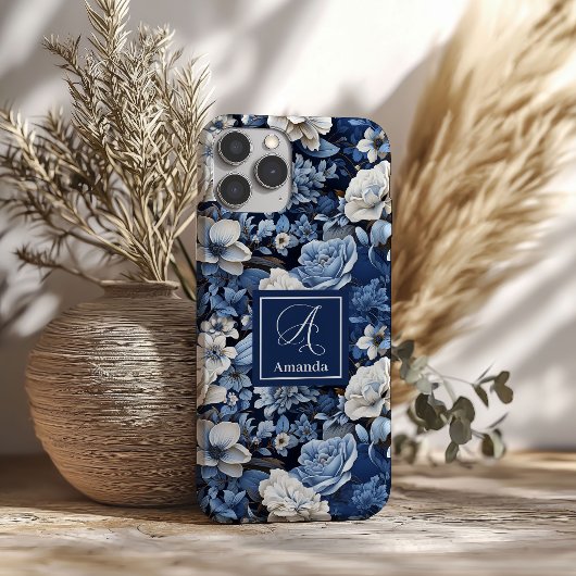 高級感のあるネイビーブルーと象牙色の花柄のiPhoneケース Case-Mate iPhoneケース