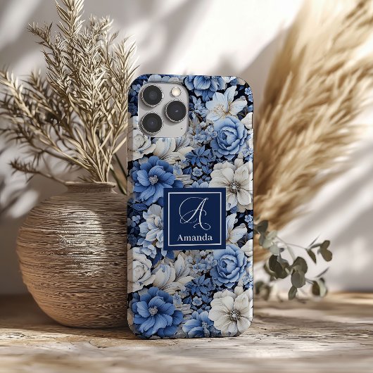 高級感のあるネイビーブルーと象牙色の花柄のiPhoneケース Case-Mate iPhoneケース