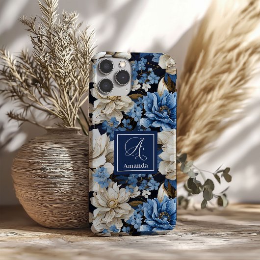 高級感のあるネイビーブルーの花々 iPhoneケース エレガント Case-Mate iPhoneケース
