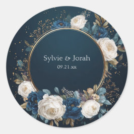 高級感のあるネイビー+ゴールド+ホワイトの芍薬の花輪の結婚式 ラウンドシール