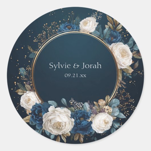 高級感のあるネイビー+ゴールド+ホワイトの芍薬の花輪の結婚式 ラウンドシール (正面)
