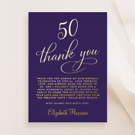 高級感のあるパープルの50歳の誕生日記念の箔押しお礼カード 箔招待状