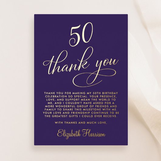 高級感のあるパープルの50歳の誕生日記念の箔押しお礼カード 箔招待状