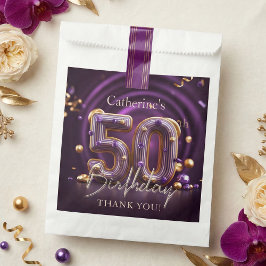 高級感のあるパープルゴールドの50歳の誕生日パーティーのお礼 フェイバーバッグ