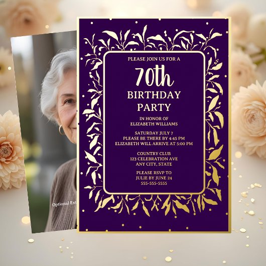 高級感のあるパープルゴールドの70歳のカスタム誕生日パーティー 箔招待状